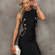 Women' s Plain Sleeveless Crew Neck Metal Decor Bodycon Short Dress Black Clothing Wholesale Market -LIUHUA