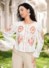 Wholesale Women's Casual Vintage Embroidery Round Neck Long Sleeve Blouse - Liuhuamall