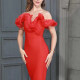 Women's Elegant Off Shoulder Layered Ruffle Trim Pencil Hem Plain Knee Length Dress Red Clothing Wholesale Market -LIUHUA