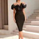 Women's Elegant Off Shoulder Layered Ruffle Trim Pencil Hem Plain Knee Length Dress Black Clothing Wholesale Market -LIUHUA