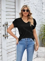 Wholesale Women's Casual Plain V Neck Short Sleeve Blouse 8005#, LIUHUA CLOTHING WHOLESALE