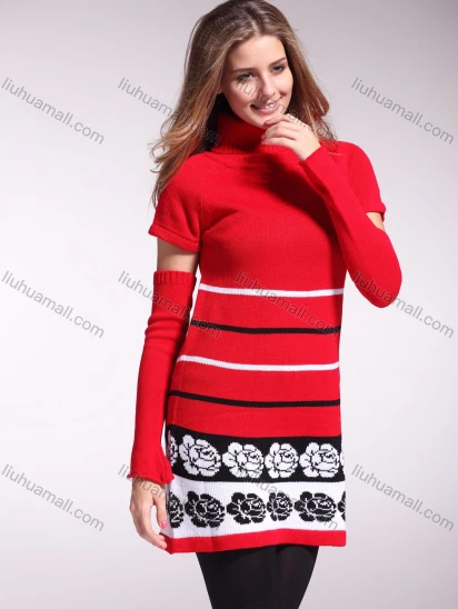 Wholesale Women's Turtleneck Short Sleeve Floral Striped Pullover Sweater With Sleevelet