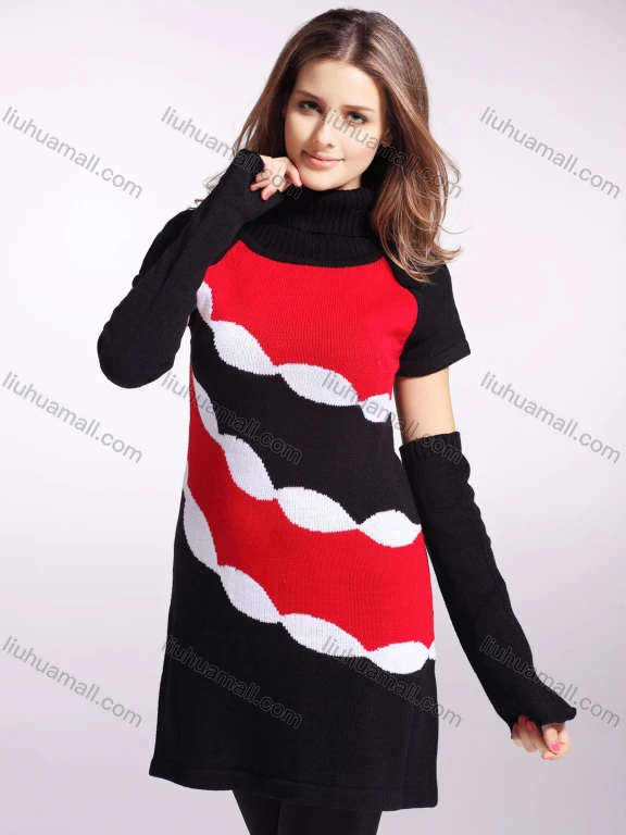 Wholesale Women's Colorblock Short Sleeve Turtleneck Pullover Sweater With Sleevelet
