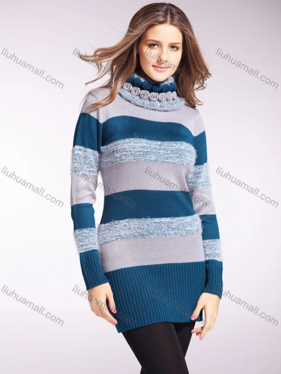 Wholesale Women's High Neck Colorblock Long Sleeve Mid Length Pullover Sweater
