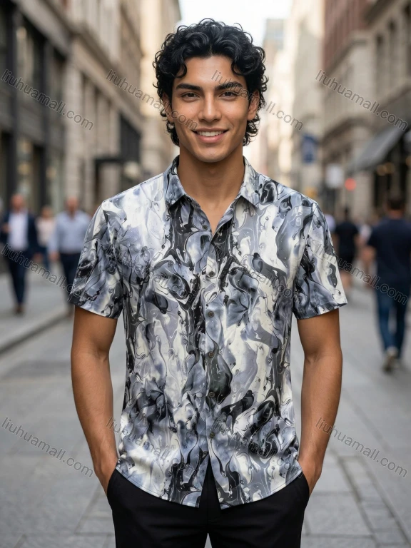 Wholesale In Stock Men's Slim Fit Short Sleeve Shirt Abstract Marble Print Casual Fashion Shirt