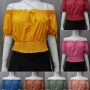 Wholesale Women's Casual Shirred Off Shoulder Ruffle Trim Tie Front Plain Crop Blouse FL2025# preview