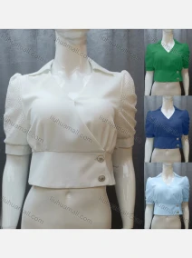Wholesale Women's Casual Plain Guipure Lace Ruched Collared Button Front Crop Blouse FR2040#, LIUHUA CLOTHING WHOLESALE