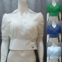 Wholesale Women's Casual Plain Guipure Lace Ruched Collared Button Front Crop Blouse FR2040# preview