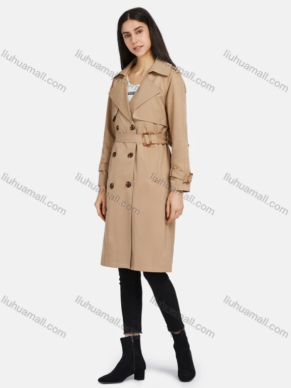 Wholesale Women's Lapel Double Breasted Belted Pockets Plain Mid Length Trench Coat