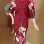 Wholesale Women's Elegant V Neck Floral Print High Waist 3/4 Sleeve Pleated Midi Dress preview