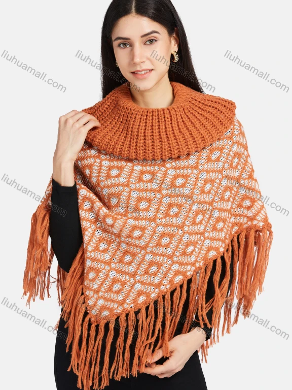 Wholesale Women's Round Neck Knitted Hollow Out Fringe Trim Bandana Hem Poncho 80067#