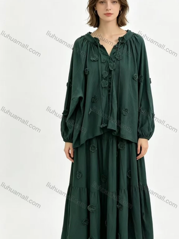 Wholesale Women's 100% Cotton 3D Floral Embroidered Two-Piece Set