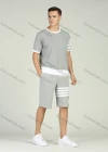 Wholesale Men's Short Sleeve Round Neck Plain T-Shirt Striped Shorts Set - Liuhuamall