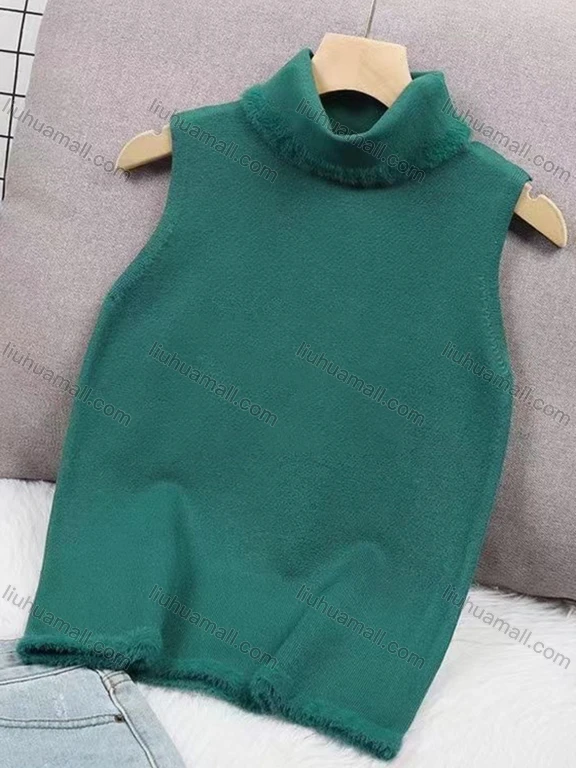 Wholesale Women's Casual Turtleneck Plain Knit Frayed Raw Hem Sleeveless Sweater Vest 666#