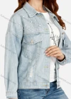 Wholesale Women's Plain Long Sleeve Ripped Distressed Rhinestone Flap Pockets Pearl Decor Denim Jacket - Liuhuamall