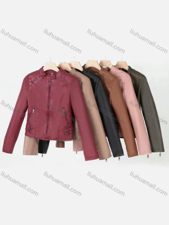 Wholesale Women's Casual Stand Collar Long Sleeve Zipper Plain Leather Crop Biker Jacket