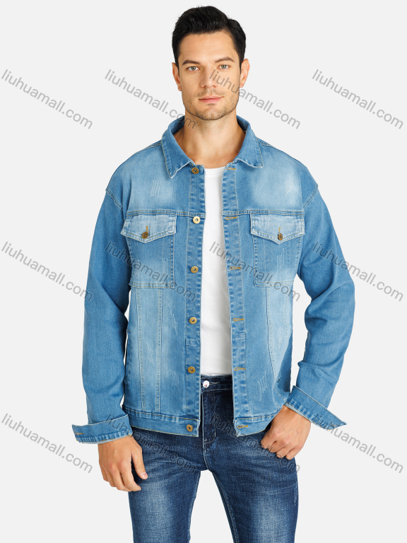 Wholesale Men's Basics Plain Button Down Flap Pockets Distressed Denim Jacket