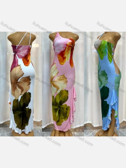 Wholesale Women's Milk Silk One Shoulder Floral Print Bodycon Slit Hem Maxi Dress 10836#