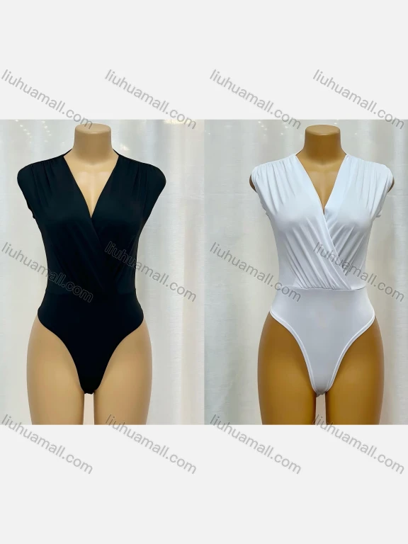 Wholesale Women's Fashion Milk Silk Wrap V Neck Unisize Plain Sleeveless Bodysuit 10942#