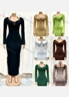 Wholesale Women's Milk Silk Long Sleeve Lace Up Sweetheart Bodycon Maxi Dress 11099# - Liuhuamall