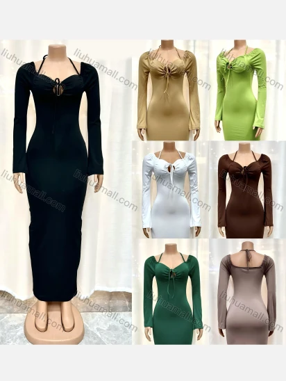 Wholesale Women's Milk Silk Long Sleeve Lace Up Sweetheart Bodycon Maxi Dress 11099#