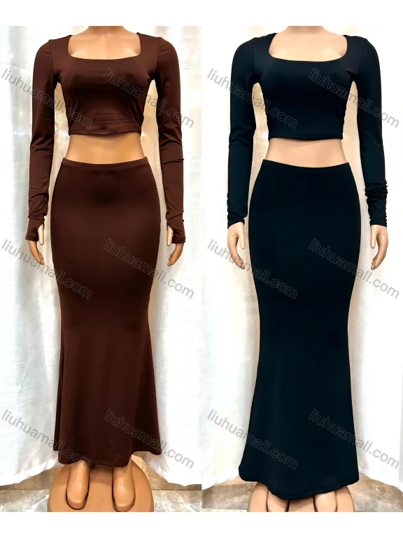 Wholesale Women's Milk Silk Plain Long Sleeve Slim Fit Crop Top With Pencil Skirt 2 Piece Set 11235#