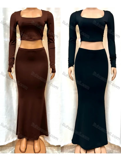 Wholesale Women's Milk Silk Plain Long Sleeve Slim Fit Crop Top With Pencil Skirt 2 Piece Set 11235#
