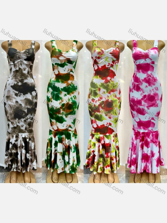 Wholesale Women's Milk Silk Tie Dye Sweetheart Slim Fit Mermaid Hem Sleeveless Maxi Dress 11259#