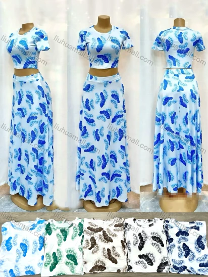 Wholesale Women's Milk Silk Short Sleeve Slim Fit Butterfly Print Crop Top With Pencil Skirt 2 Piece Set 11273#