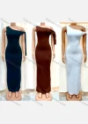 Wholesale Women's Milk Silk One Shoulder Plain Bodycon Maxi Dress 11284# - Liuhuamall