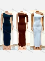 Wholesale Women's Milk Silk One Shoulder Plain Bodycon Maxi Dress 11284#, LIUHUA CLOTHING WHOLESALE