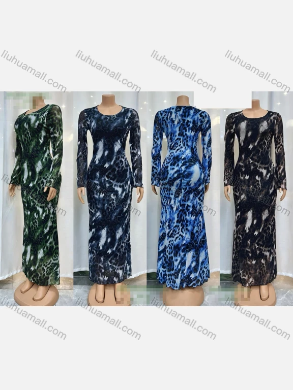Wholesale Women's Milk Silk Long Sleeve Crew Neck Allover Print Bodycon Maxi Dress 11409#