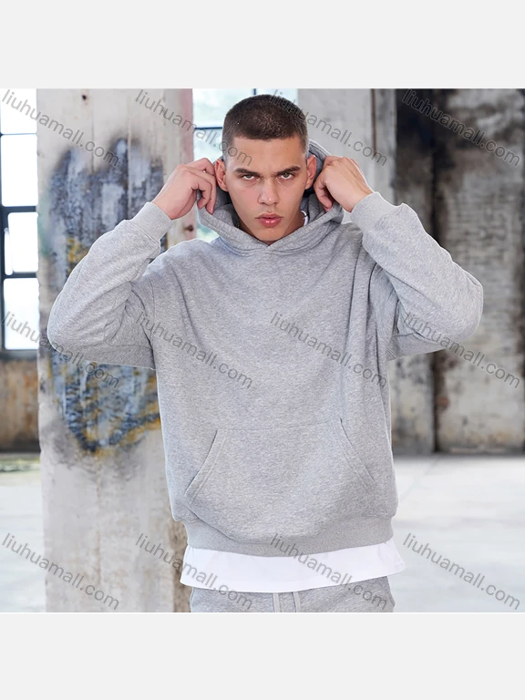 Wholesale Men's Casual Plain Long Sleeve Kangaroo Pocket Thermal Hoodie