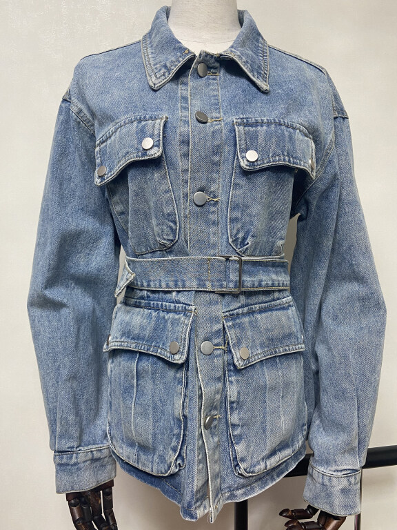 Women's Fashion Plain Button Down Multiple Flap Pockets Mid Length Denim Jacket With Belt, Clothing Wholesale Market -LIUHUA, 