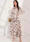 Wholesale Women's Casual Allover Print Tie Neck Long Sleeve Pleated Ruffle Hem Maxi Dress - Liuhuamall