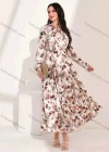 Wholesale Women's Casual Allover Print Tie Neck Long Sleeve Pleated Ruffle Hem Maxi Dress - Liuhuamall