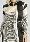 Wholesale Women's Casual Geometry Print Keyhole Neck Long Sleeve Lace Up Pleated Dress - Liuhuamall