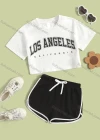 Wholesale Women's Casual Crew Neck Letter Crop Top & Drawstring Elastic Waist Hot Shorts Set - Liuhuamall