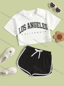 Wholesale Women's Casual Crew Neck Letter Crop Top & Drawstring Elastic Waist Hot Shorts Set, LIUHUA CLOTHING WHOLESALE