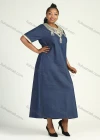 Wholesale Women's Plus Size 3/4 Sleeve Round Neck Embroidery Denim Kaftan Maxi Dress - Liuhuamall