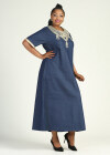Wholesale Women's Plus Size 3/4 Sleeve Round Neck Embroidery Denim Kaftan Maxi Dress - Liuhuamall