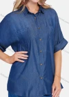 Wholesale Women's Casual Half Sleeve Button Down Denim Shirt With Patch Pocket - Liuhuamall