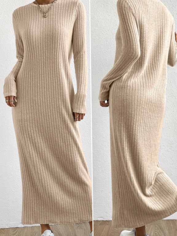 Women's Casual Plain Rib-knit Round Neck Long Sleeve Maxi Sweater Dress, Clothing Wholesale Market -LIUHUA, 
