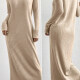 Women's Casual Plain Rib-knit Round Neck Long Sleeve Maxi Sweater Dress Camel Clothing Wholesale Market -LIUHUA