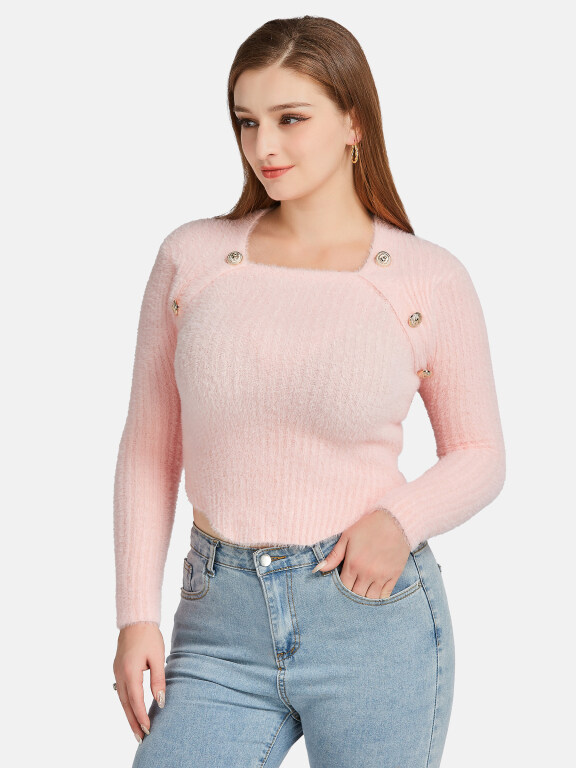Women's Casual Square Neck Fleece Button Decor Knit Crop Sweater, LIUHUA Clothing Online Wholesale Market, All Categories