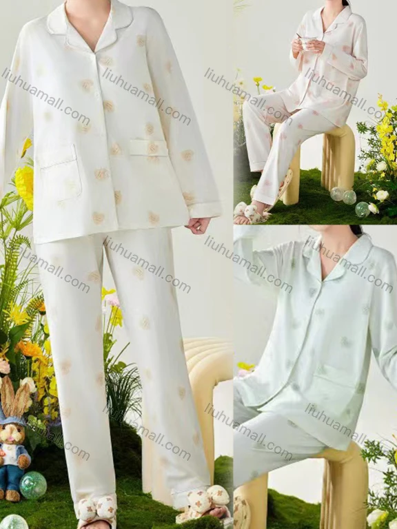 Wholesale Women's Soft Heart Lapel Button Down Double Pockets Long Sleeve Lounge Pajamas 2 Piece Set 866-1#