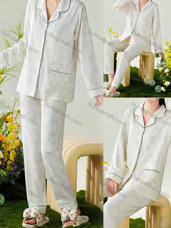 Wholesale Women's Soft Floral Lapel Button Down Double Pockets Long Sleeve Lounge Pajamas 2 Piece Set 866-2#