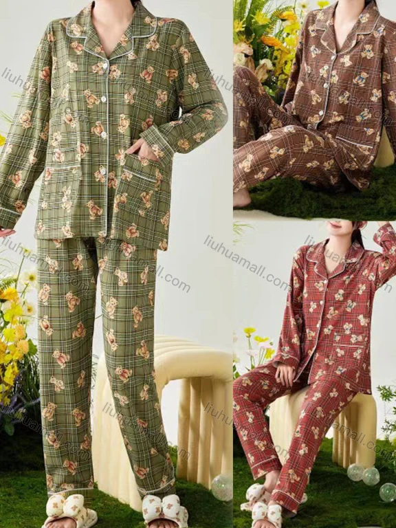 Wholesale Women's Comfy Plaid Bear Lapel Button Down Pocket Long Sleeve Lounge Pajamas 2 Piece Set 866-7#