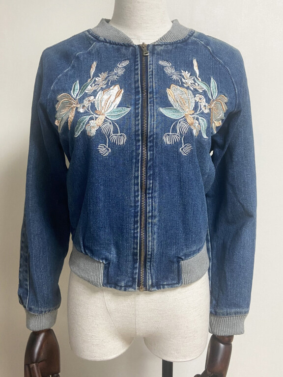 Women's Casual Baseball Collar Embroidery Floral Zipper Contrast Denim Jacket, Clothing Wholesale Market -LIUHUA, Denim
