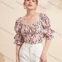 Wholesale Women's Square Neck Tie Front Layered Sleeve Floral Print Crop Casual Top AY057# preview